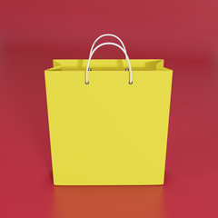 Color paper shopping bag on red background. Business, retail, sale and online commerce concept. 3d rendering.