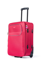 Red suitcase with padlock, isolated on white background. File contains a path to isolation.