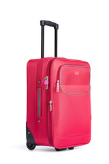 Red suitcase with padlock, isolated on white background. File contains a path to isolation.