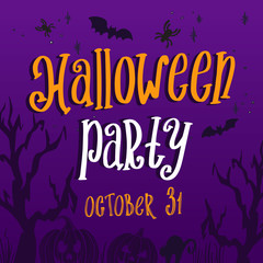 Halloween party background for holiday spooky event. Vector illustration with hand-drawn lettering and graphic elements.