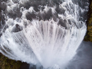 Aerial view of Skogafoss waterfall, Iceland by drone.