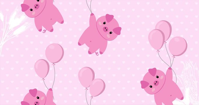 Cute baby pig flying in the sky between colorful balloons, animation made in 4K cartoon vector design, with pink background. For Baby shower, celebration, invite, postcard...