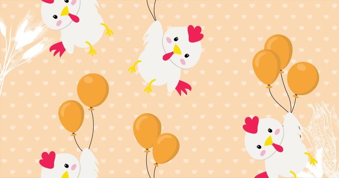 Cute chicken flying in the sky between colorful balloons, animation made in 4K cartoon vector design, with orange background. For Baby shower, celebration, invite, postcard...