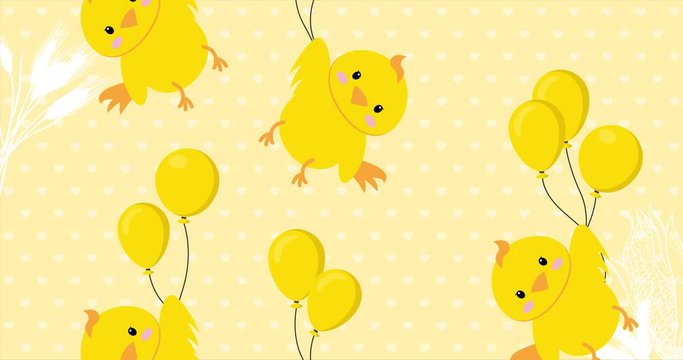 Cute baby chick flying in the sky between colorful balloons, animation made in 4K cartoon vector design, with yellow background. For Baby shower, celebration, invite, postcard...