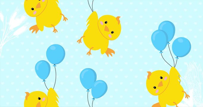 Cute baby chick flying in the sky between colorful balloons, animation made in 4K cartoon vector design, with blue background. For Baby shower, celebration, invite, postcard...