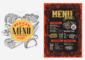 Mexican menu food template for restaurant with doodle hand-drawn graphic.
