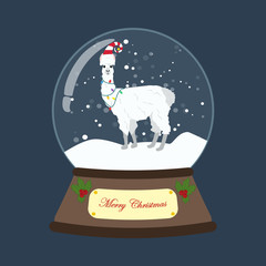 Llama in christmas costume in snowball