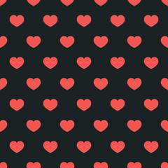 Red hearts on a dark black background. A repeating, endless pattern. Seamless vector illustration. Graphics for your project. For every celebration.