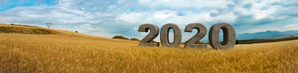 3D 2020 text inside field of wheat, next to historical tumulus graves panorama view. Bintepeler, Salihli Manisa