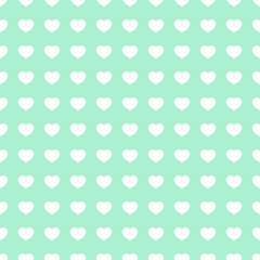 White little hearts on the popular mint green background. Vector seamless illustration. Isolated on neo-mint backdrop. Graphic design.