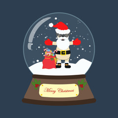 Pug in Santa Claus costume in snowball