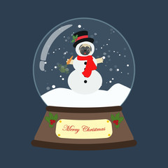 Pug in snowman costume in snowball