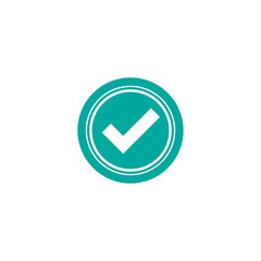 Valid Seal icon. Blue circle with outline and white rounded tick. Flat OK sticker icon.