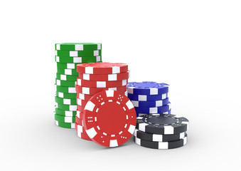 Casino chip stacks over white background. Casino concept. 3D render illustration