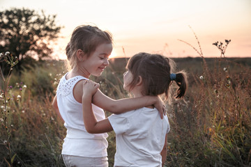 Two little sisters in a field at sunset.