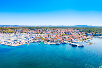 Croatia, town of Biograd na Moru on Adriatic sea, aerial view of marina and historic town center