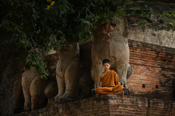 Fototapeta na wymiar Novice and meditation Inside the temple in Ayutthaya, Thailand