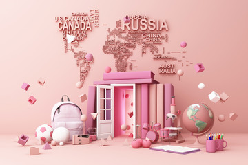 back to school ,inspiration, poster with educational equipment and door open at book tower. 3d rendering