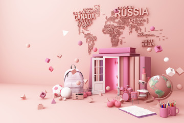 back to school ,inspiration, poster with educational equipment and door open at book tower. 3d rendering