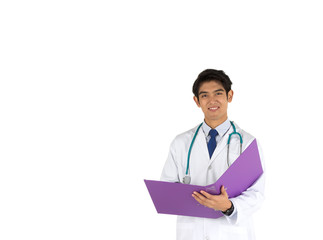 Fototapeta premium The young Asian doctor holds a purple file with Stethoscope