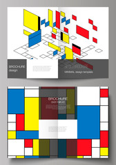 The vector layout of two A4 format modern cover mockups design templates for bifold brochure, magazine, flyer. Abstract polygonal background, colorful mosaic pattern, retro bauhaus de stijl design.