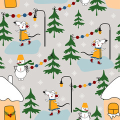 seamless pattern with rat ice skating new year - vector illustration, eps