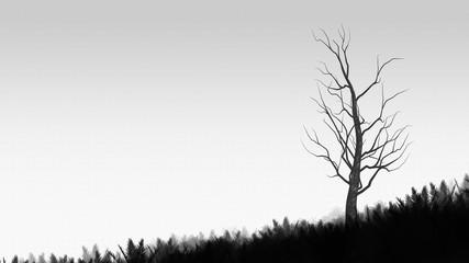 black silhouette of tree on gray background