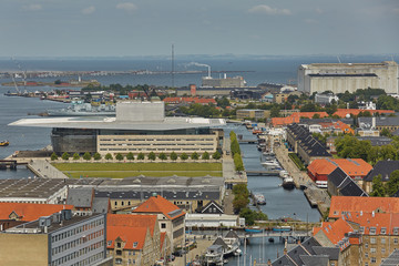 Skyline of scandinavian city of Copenhagen in Denmark during a cloudy day