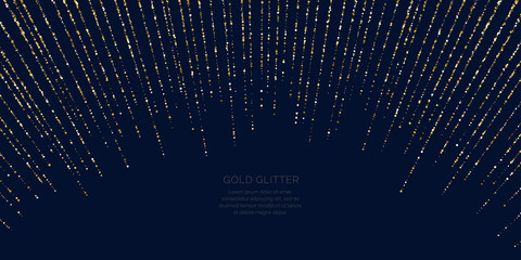 Background with gold glitter to place the inscription. Poster with lines consisting of particles.
