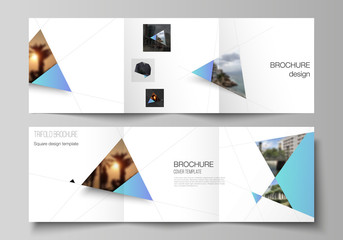 The minimal vector layout of square format covers design templates for trifold brochure, flyer, magazine. Creative modern background with blue triangles and triangular shapes. Simple design decoration