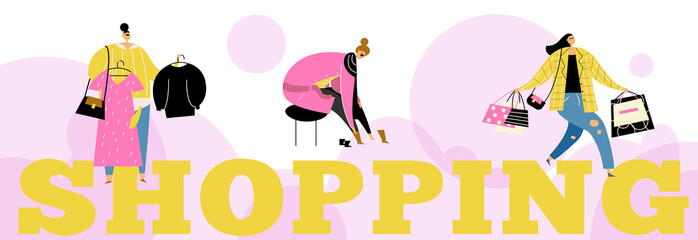 Vector horizontal banner with illustration of women choosing clothes in store. Shopping.