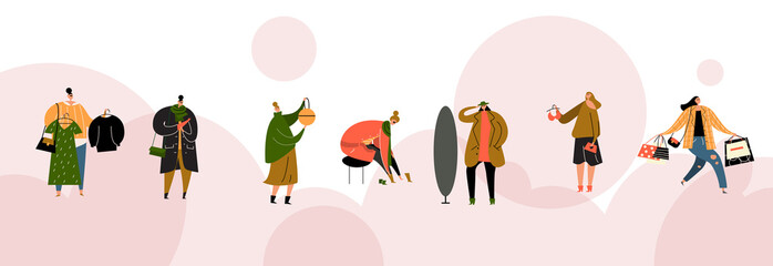 Vector horizontal banner with illustration of women choosing clothes in store. Shopping concept.