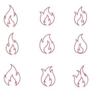 Fire thin line icons set. Simple fire Vector black contour symbol isolated on white
