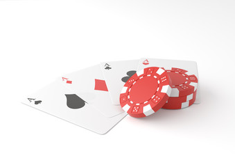Aces lying near realistic casino chips or playing cards of different suits and stack of gambling  tokens for blackjack or sport poker. Gaming and gamble, luck and winning theme. 3D render illustration
