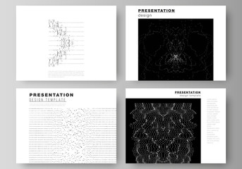 The minimalistic abstract vector illustration layout of the presentation slides design business templates. Trendy modern science or technology background with dynamic particles. Cyberspace grid.