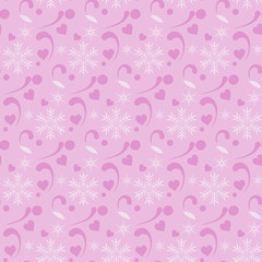 Pink background. Christmas pattern for design of fabric and wrapping paper. On the image: snowflakes, hearts and stars. Image colors: pastel pink, deep pink. Template for your graphic design. Vector