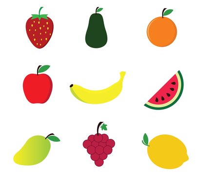 Set of fruits. Cute bright colors of fruits vector collections. apple, lemon, banana, orange, pear, grapes, , strawberry,