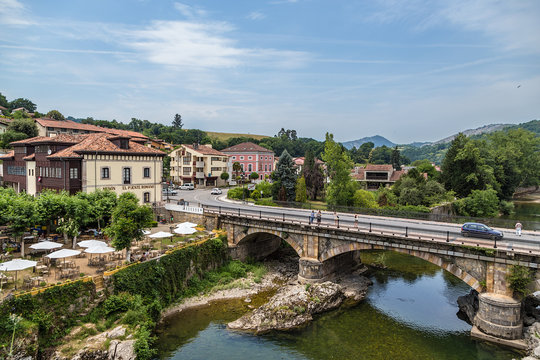 Cangas de Onis, Spain. Beautiful view of the stone bridge over the River Sella