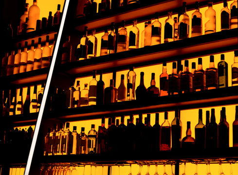 Rows of bottles sitting on shelf in a bar, trademarks deleted
