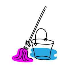 Blue bucket and purple mop. Isolated icon. Vector illustration
