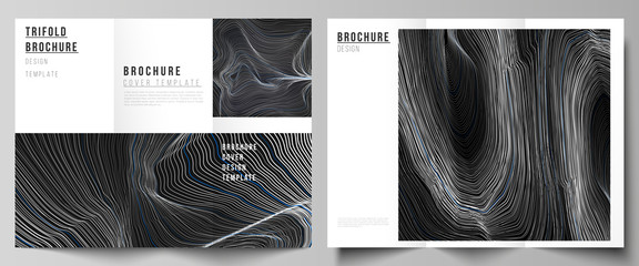 The minimal vector illustration of editable layouts. Modern creative covers design templates for trifold brochure or flyer. Smooth smoke wave, hi-tech concept black color techno background.