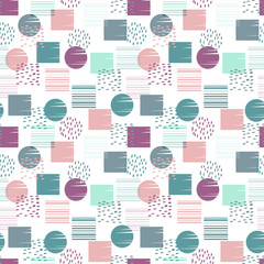 Abstract geometric seamless pattern with circles and squares. Colorful abstract geometric design. Scandinavian style, vector