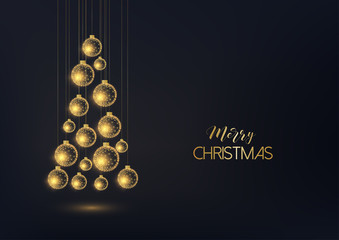 Merry Christmas greeting card with hanging golden decorative baubles in a form of Christmas tree