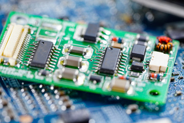 E-waste electronic, computer circuit cpu chip mainboard core processor electronics device : concept of data, hardware, technician and technology..