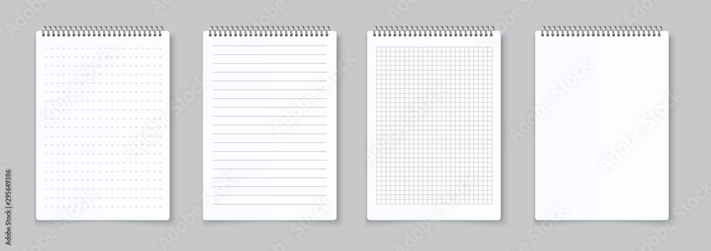 Aufkleber Realistic notebooks sheets. Lined, checkered and dots paper binder page for memo pads . Vector isolated illustration template notepad empty paper with binder iron spiral on gray background