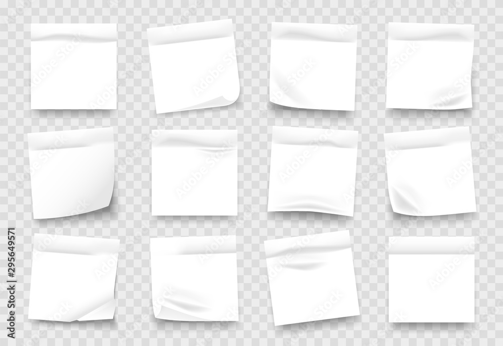Poster Sticky notes. White notepad sheets with crumpled edges, memos and reminders isolated on transparent background. Vector illustration blank adhesive paper page with shadow for message set