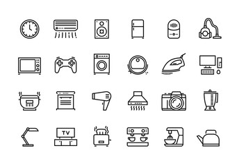 Home appliances line icons. Household electric devices, kitchen equipment and smart utensils. Vector illustration outline TV microwave lamp and other house electronics set for logo services