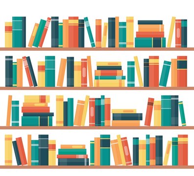 Book shelves with multicolored book spines. Books on a shelf. Vector illustration in flat style.