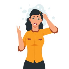 Naklejka premium Cartoon stressed woman. Frustrated girl character with negative and unhappy facial emotions. Vector portrait panic or desperate emotion person concept. Illustration girl headache