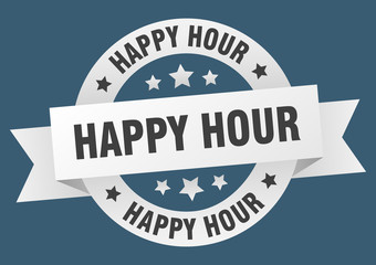 happy hour ribbon. happy hour round white sign. happy hour